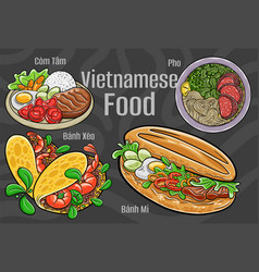 Vietnamese Food A Set Of Classic Dishes Cartoon