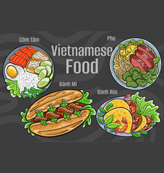 Vietnamese Food A Set Of Classic Dishes Cartoon