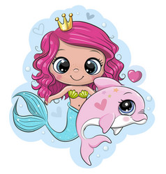 Cute Cartoon Mermaid With Pink Dolphin