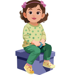 Cute Cartoon Girl Sitting On Toy Box