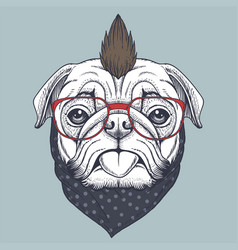 Pug Dog Punk Hand Drawn Wearing A Red Glasses