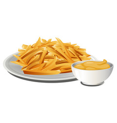 Plate Of Crispy Fries With A Bowl Cheese Sauce