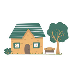 Cute Country House With A Bench Cartoon