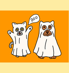 A Cat And Dog In Ghost Costumes For Halloween