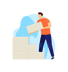 Man Building Wall With Bricks Construction Worker