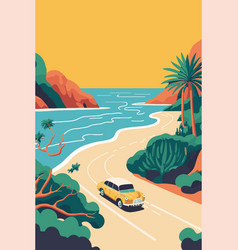 Classic Yellow Car On The Beach Road Flat Color