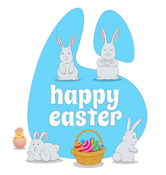 Blue Happy Easter Background With 4 Bunnies