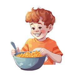 Smiling Child Eating Pasta Bowl On Table