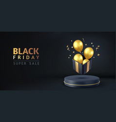 3d Open Black Gift Box With Gold Balloons