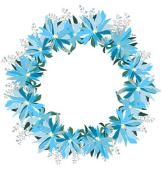 Round Frame Of Blue Flowers And Green Leaves