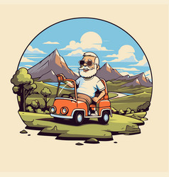 Old Man Driving A Retro Car In The Mountains