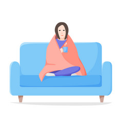 Sad Alone Woman Sitting Wrapped Blanket On Sofa