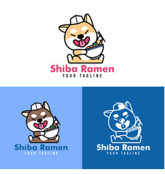 Cute Shiba Inu Is Eating Ramen Cartoon Logo Set