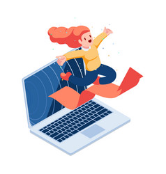 Isometric Woman Jumping Out From Laptop Monitor