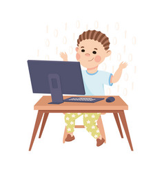 Little Boy Sitting At Computer And Coding