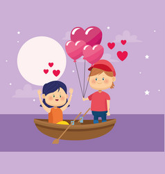 Happy Couple With Hearts Balloons In Wooden Canoe