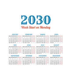 Vintage Calendar On 2030 Start From Monday