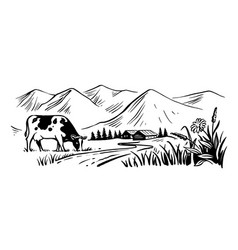 Cow With Nature Landscape Hand Drawn