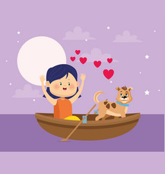 Happy Girl And Dog In Wooden Canoe Colorful