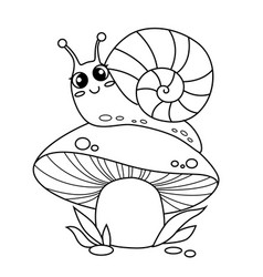 Cute Cartoon Snail On Mushroom Black And White