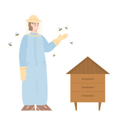 Beekeeper At Apiary In Protective Suit And Hat