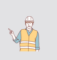 Construction Worker Points To Side With His Hand