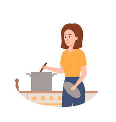 Housewife At Kitchen Preparing Food Cartoon Flat