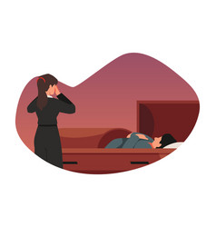 Dead Person In Coffin And Crying Woman Flat