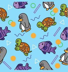 Cute Animal Penguin Turtle And Fish Seamless