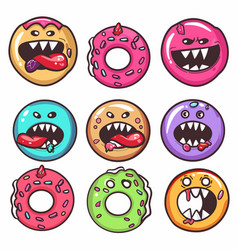 Nine Colorful Cartoon Donuts Various Expressions