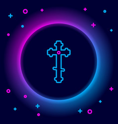 Glowing Neon Line Christian Cross Icon Isolated On