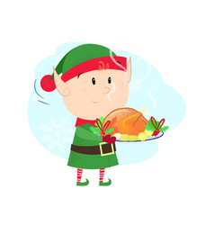 Elf Holding Roasted Chicken On Tray