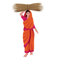 Indian Farmer Woman Carrying Cattle Feed On Head