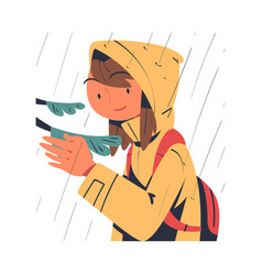 Woman Character In Raincoat With Backpack Studying