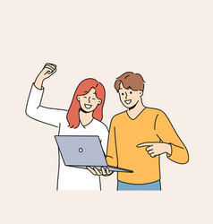 Happy Couple With Laptop Make Win Gesture After