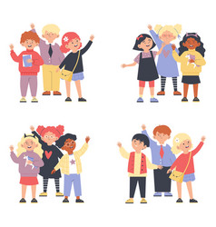 Kids Waving Hands Groups Set Flat Cartoon