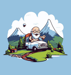 Cartoon Old Man Driving A Retro Car