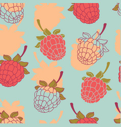 Raspberry Fruits Seamless Pattern Over Light Blue