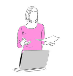 Business Woman Stand With Laptop Sketch