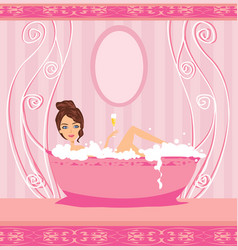 Sexy Woman Taking Hot Bubble Bath And Drinks