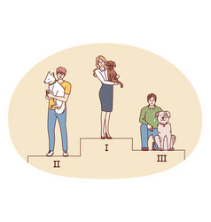 People With Dogs Stand On Pedestal