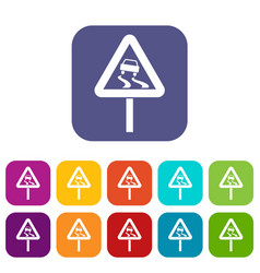 Slippery When Wet Road Sign Icons Set