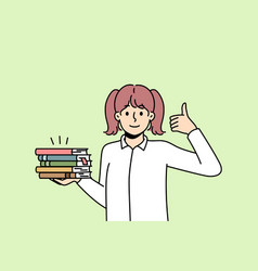 Girl Holds Pile Of Paper Books Shows Thumb Up