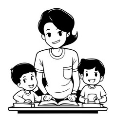 Mother Reading Book With Her Children In Cartoon