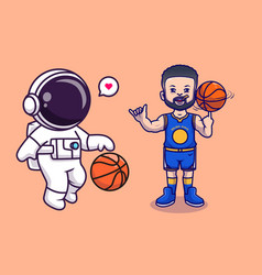 Cute Man And Astronaut Playing Basketball Cartoon