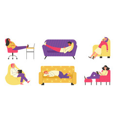 People Relax And Sleep On Sofas And Chairs Flat