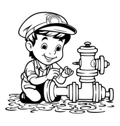 Black And White Cartoon Of Boy Plumber Repairing