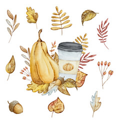 Watercolor Autumn Composition Pumpkin Coffee