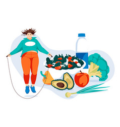 Woman Jumping Rope With Healthy Food Set