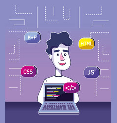 Person programmer working on laptop with program Vector Image